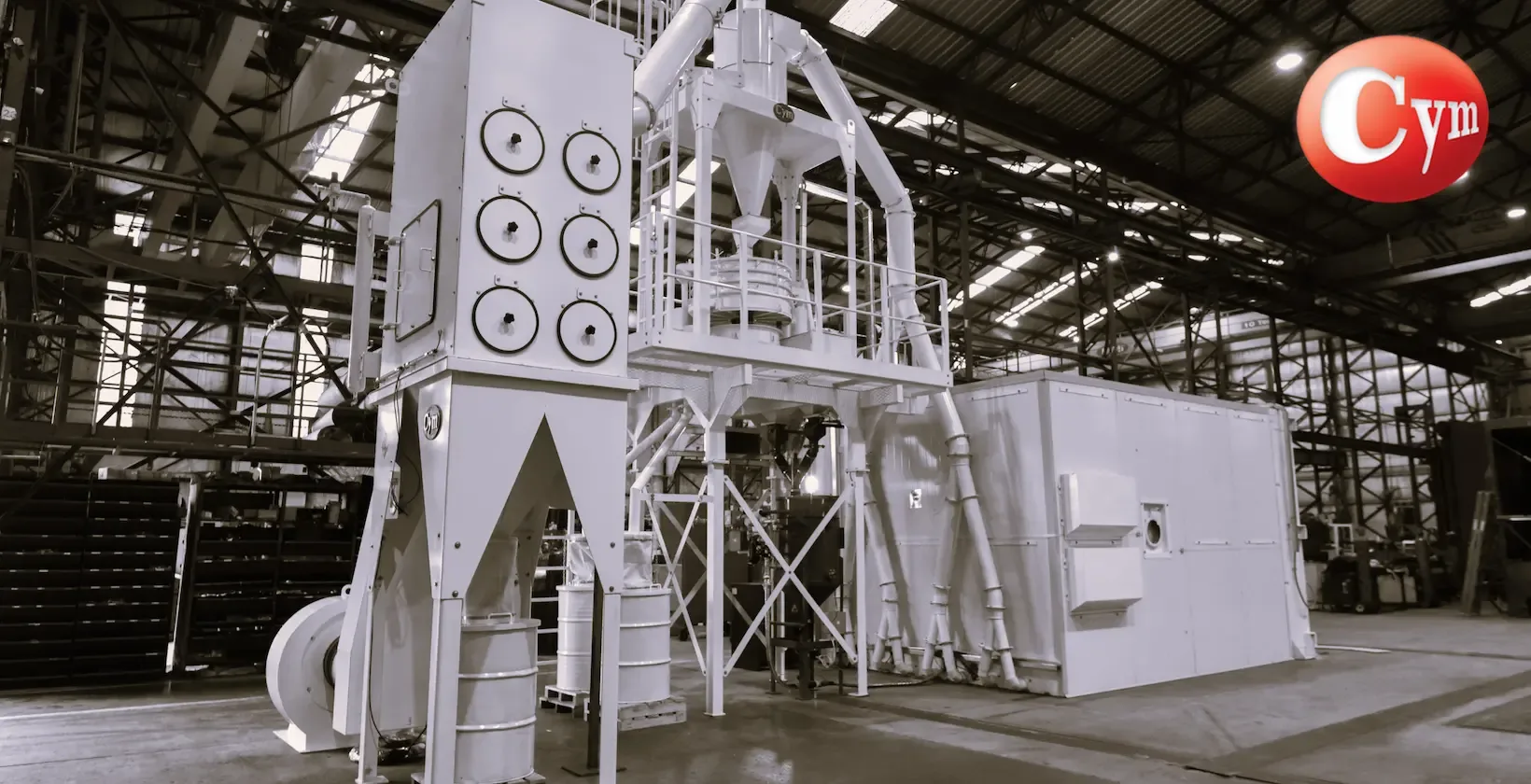 CART 12 dust collector cyclonic abrasive classification system CYM shot peening — dual silo 2 abrasive sizes · FADEA