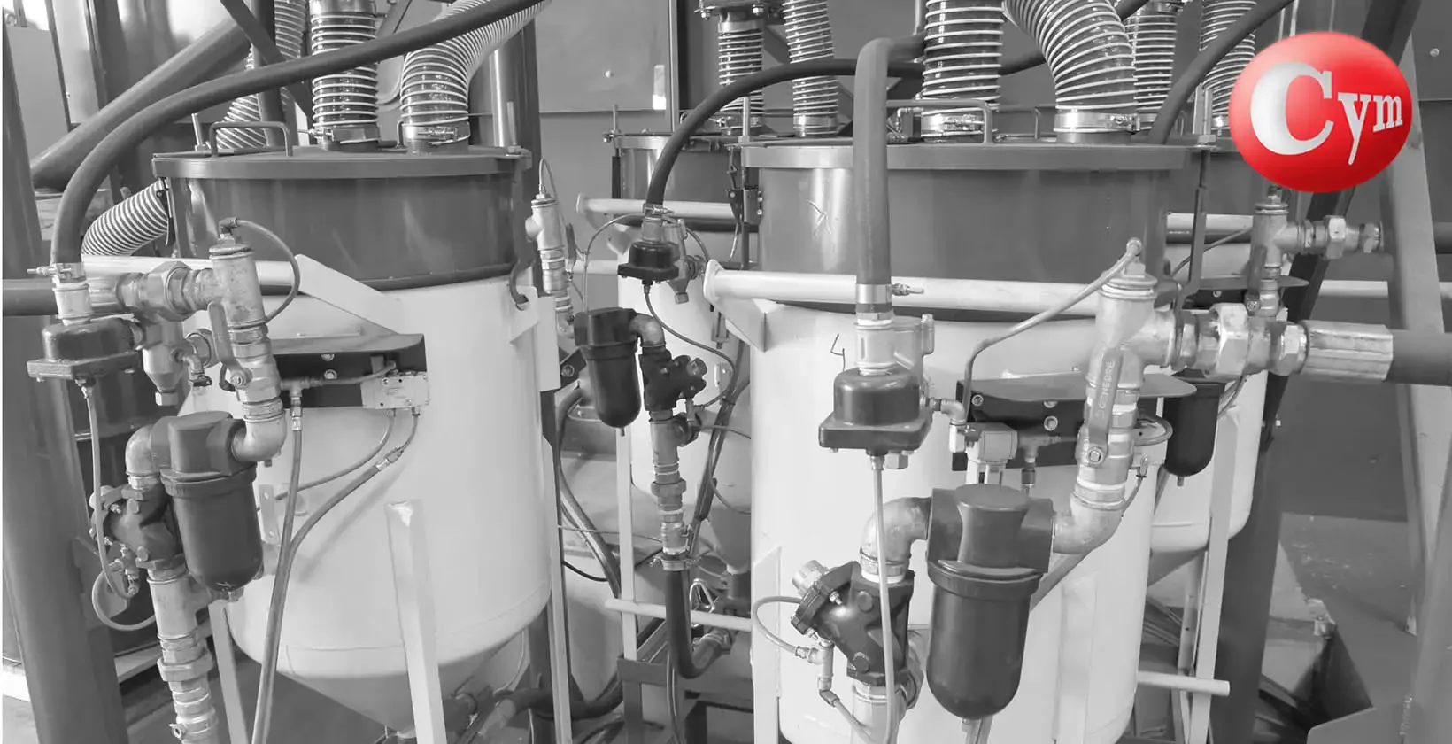 CYM blast pot pneumatic components — abrasive metering valves filter regulators Dead-Man circuit close-up