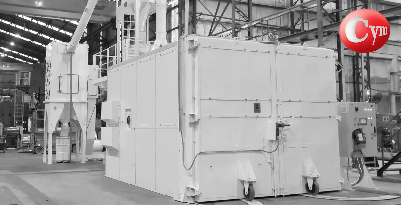 CYM robotic shot peening blast room aeronautical — acoustic enclosure CART 12 cyclonic system general view · FADEA