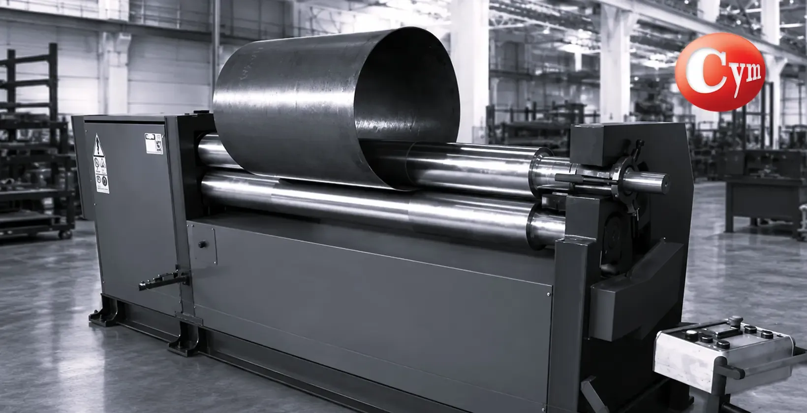 Steel cylinder being formed on a three-roll CNC plate rolling machine in a fabrication shop, represented by CYM Materiales