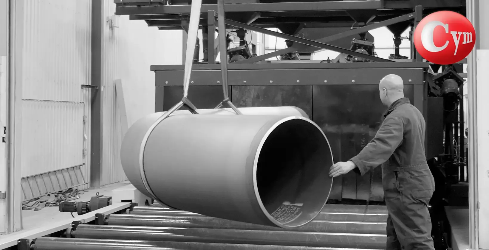 CYM EST-ROD 35x17 – 138" × 67" (3,500 × 1,700 mm) – largest pass section in line – unloading 30" diameter bending pipe – Benpro Technologies, Canada