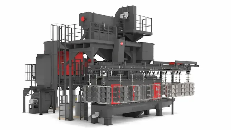 Continuous-Pass shot blast machine with rotating hooks