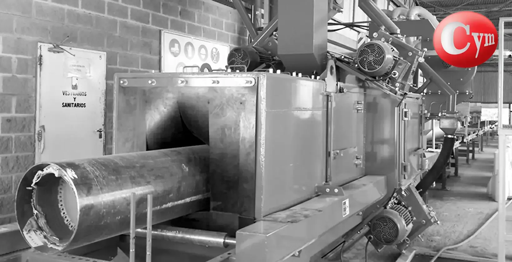 CYM PER-R 8x10 – 31" × 39" (800 × 1,000 mm) – 90° blast wheels for raw material – tubes, H/I/L profiles entering blast cabinet – Techint, Argentina