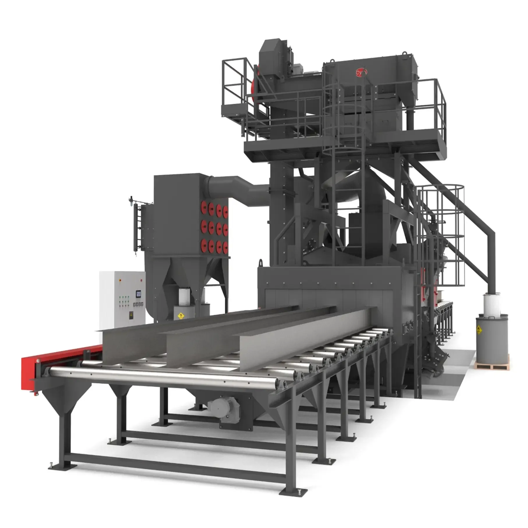 Shot blasting machine for profiles and structures with inclined turbines