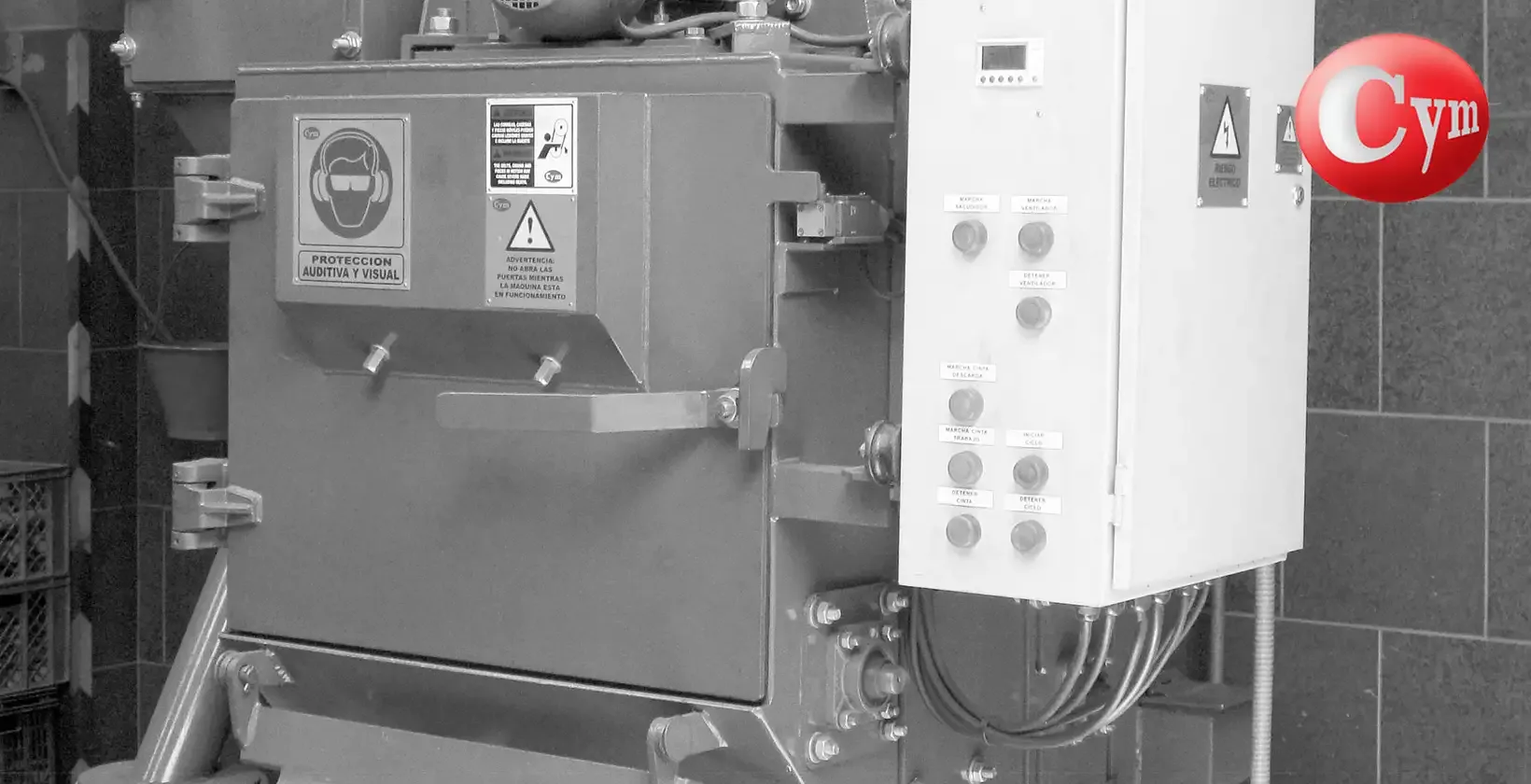 Granalladora de cinta rotativa CYM – 40 litros, 1 turbina 5,5 HP, banda de goma – granallado de tapas de quemador para electrodomésticos a gas