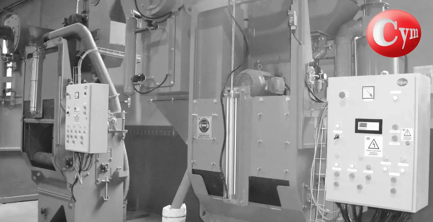 Granalladora de cinta rotativa CYM – 60 litros, 1 turbina 10 HP, banda de goma – dos equipos en línea para granallado de tornillería previa a pintura organo-metálica