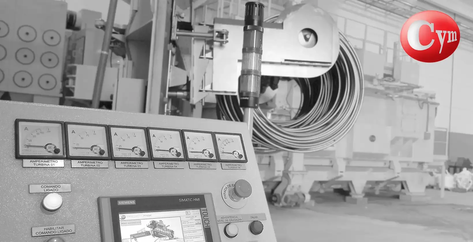 Siemens SIMATIC HMI control panel of CYM COIL 4 blast machine – 6 individual blast wheel ammeters · ZEN S.A., Brazil