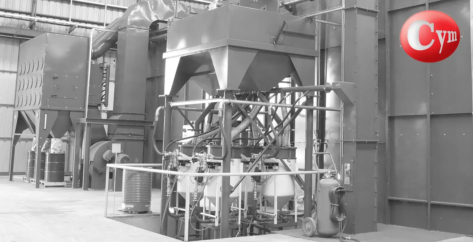 CYM Materiales ARC Stationary large capacity purifier system with multiple blast pots hoppers and dust collector in plant