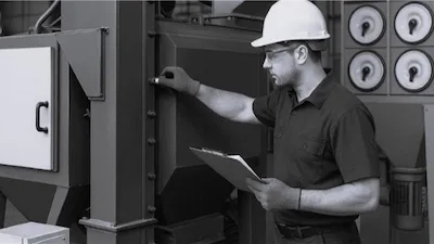 Tecnico CYM Materiales con casco y clipboard realizando inspeccion diagnostico de equipo de granallado en planta