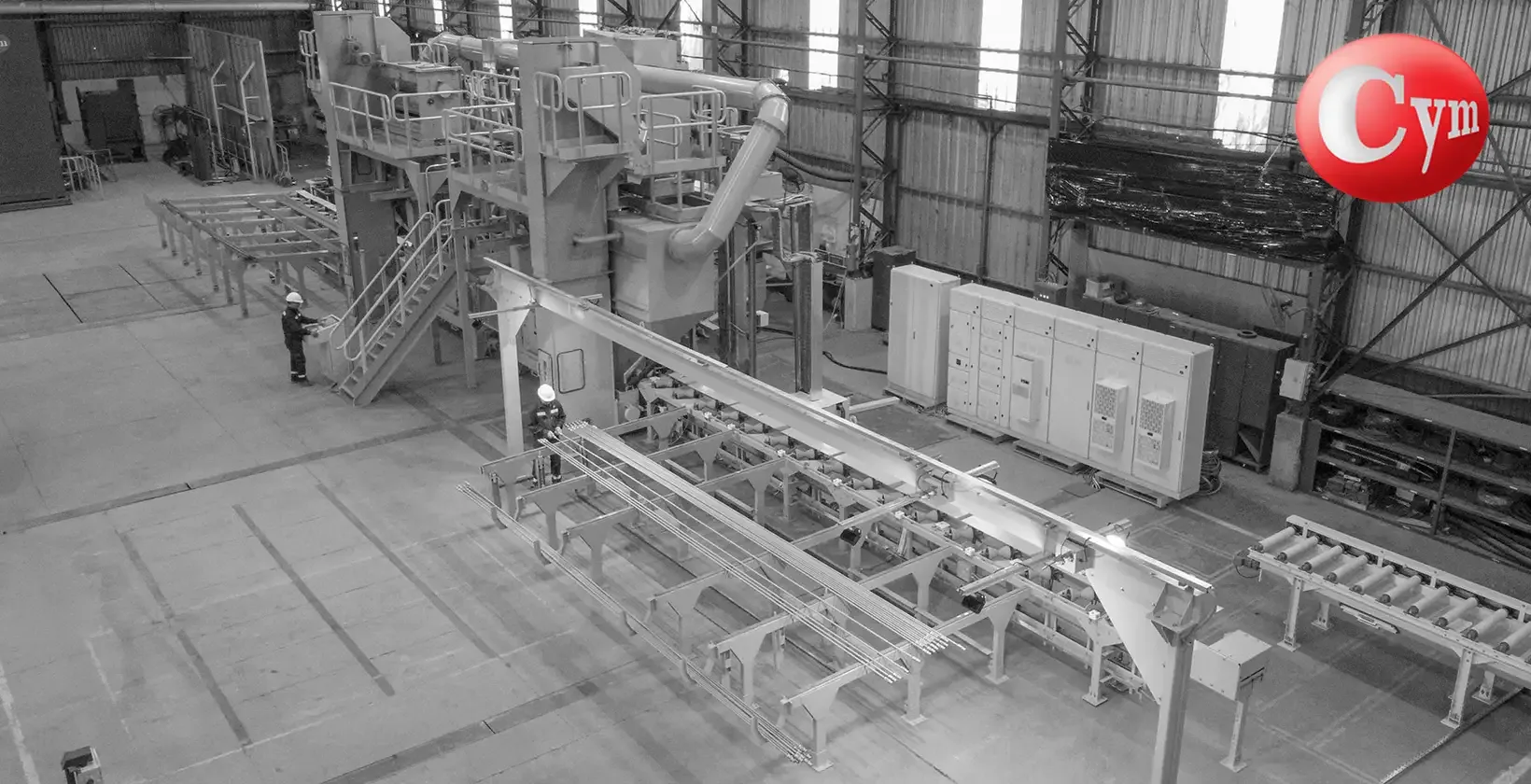 Overhead view CYM BAR 2×50HP shot peening line – exit rack pneumatic kickers – Metalmecanica Argentina FAT