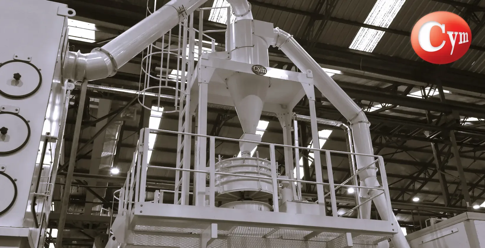 Cyclonic system vibrating screen dual abrasive size classification CYM shot peening — dual abrasive silo aeronautical · FADEA